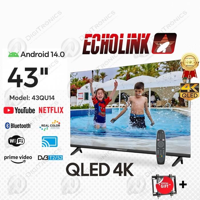 43 smart tv QLED 4K Android 14, Wi-Fi, Bluetooth, DVB-T2/S2 + Support