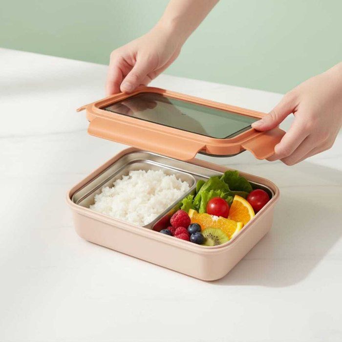 Lunch box à deux compartiments on inox avec cuillère – Idéal école et travail.SIMPLE MODEL,