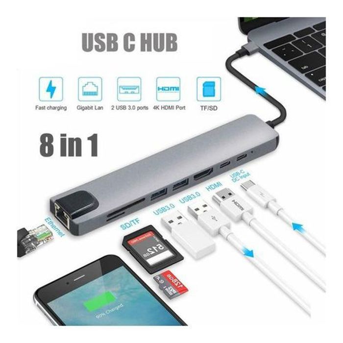 Hub 8 en 1 - Non spécifié - Type-C vers HDMI 4K - USB 3.0 - RJ45 - SD/TF