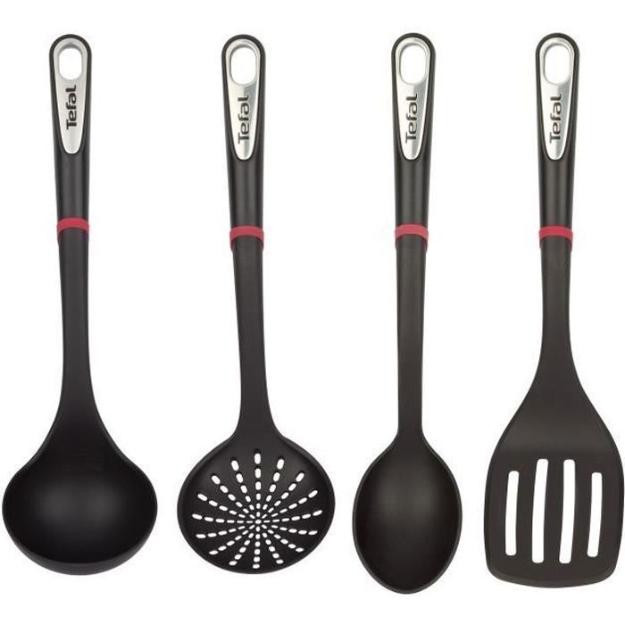 Set 4Pcs Usetensiles Cuisine Noir Tefal (Louche, Ecumoire, Cuillère Et Spatule)