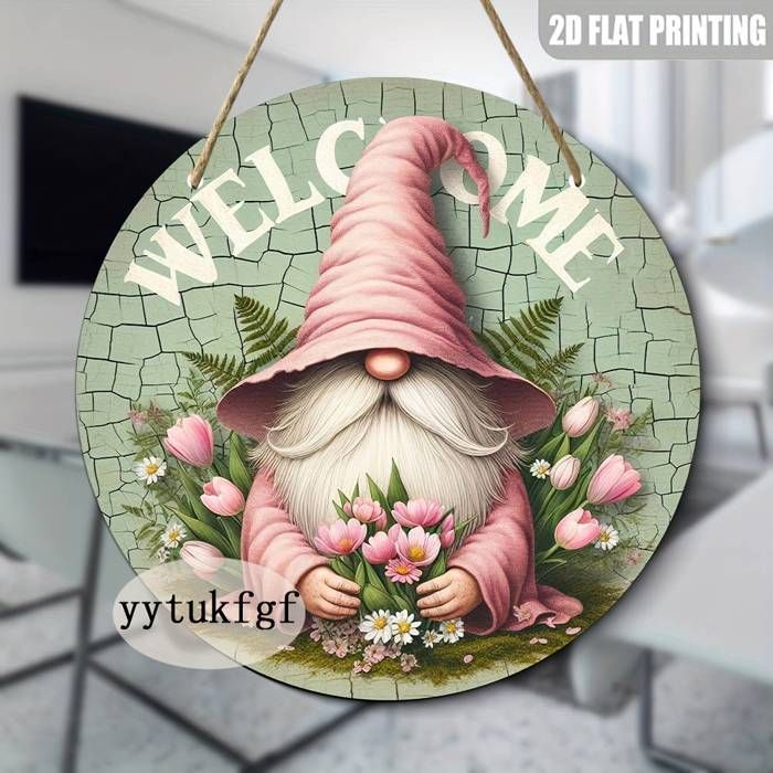 1pc Enchanted Garden Gnome Welcome Sign - 20.32x20.32 cm Rond en bois décoratif suspendu au mur avec un gnome fantaisiste, un chapea
