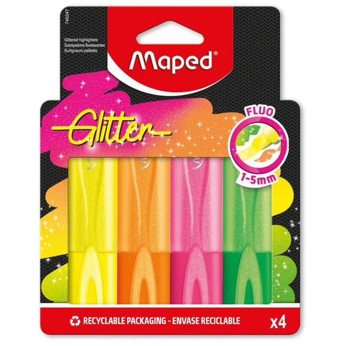 Surligneurs Fluo Glitter - Maped - Pointe Biseautée - Longue Durée - 4 Couleurs - Ergonomiques