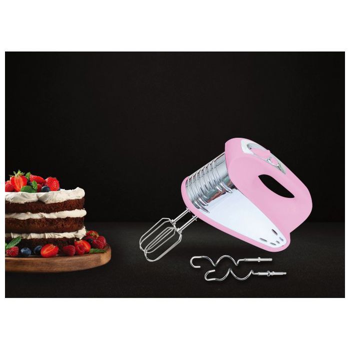 Batteur - PRIMA - Chrome - 150W - Rose - Fouets et crochets amovibles