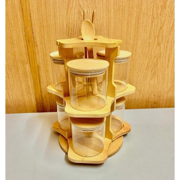Présentoir Rotatif à Épices en Bois avec Bocaux en Verre – Rangement Pratique et Élégant