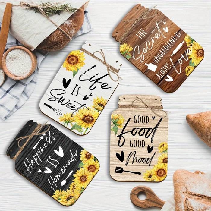 Ensemble de Décoration Murale en Bois Tournesol 4 pièces, Panneau de Cuisine Style Ferme Campagnarde, Planches à Suspendre sur le Th
