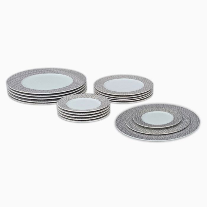 Service de table 18 assiettes pour 6 personnes avec motif style Grec Gris-Beige