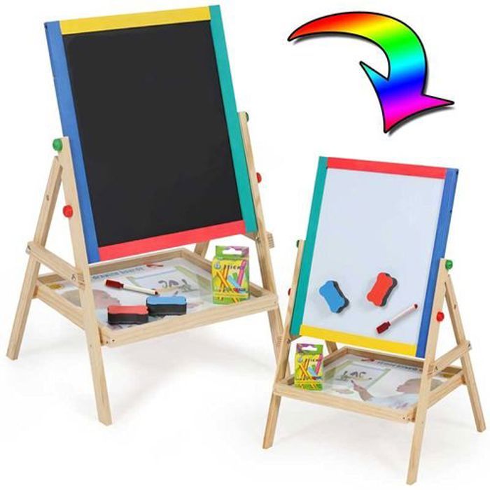 Tableau à dessin multifonctionnelle en bois double face noir et blanc, Le chevalet de planche à dessin pour enfants