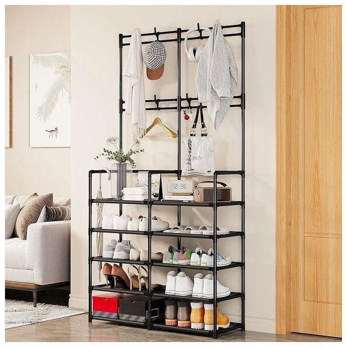 Organisateur d'Entrée avec Banc à Chaussures, 5 Étagères de Rangement et 8 Crochets Solides, Porte manteau Arbre