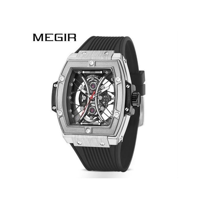 Montre - MEGIR - Tonneau - Cadran Gris - Bracelet Silicone Noir - Étanchéité 3 bars