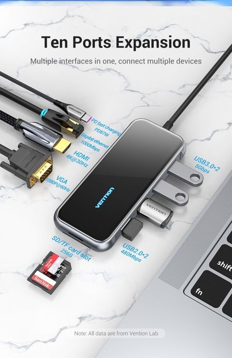 Station d'accueil - Vention - USB-C multifonction 10 en 1 - Plug and Play - Compatible DELL et MacBook Pro