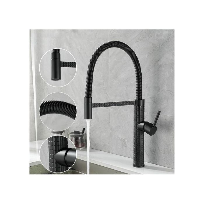Mitigeur d'évier de cuisine à ressort flexible avec bec extractible à l'arc haut et bras pivotant monobloc noir