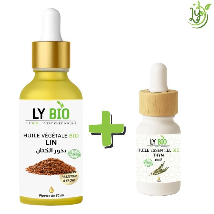 Pack de soins - LYBIO - HUILE LIN 50ML - PIPETTE - HUILE ESSENTIEL THYM 10ML - Hydratant