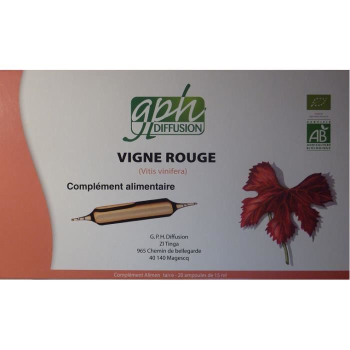 Vigne rouge biologique 20 ampoules de 15 ml Con...