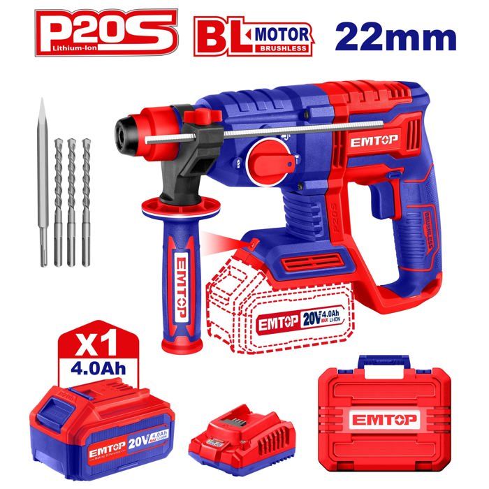 Marteau perforateur Burineur sans fil EMTOP 20V brushless avec 1 chargeur + 1 batterie lithium-ion 4.0Ah avec 3 forets et 1 ciseau à