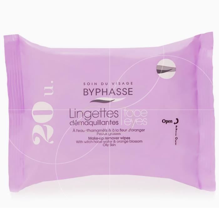 Lingettes démaquillantes - BYPHASSE - Peaux grasses - 20 unités - Sans parabène - Pratiques