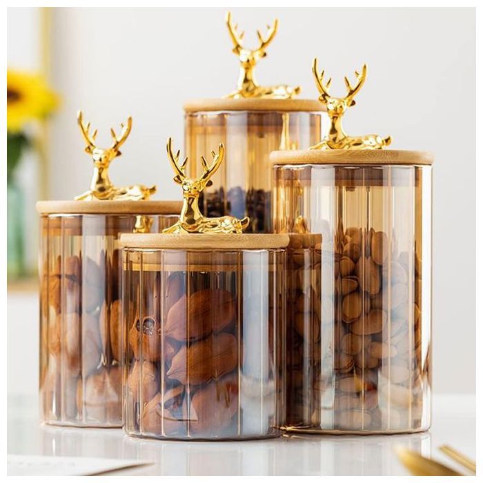 Bocal en Verre avec Couvercle en Bambou et Motif Cerf – 9,2 x 17 cm