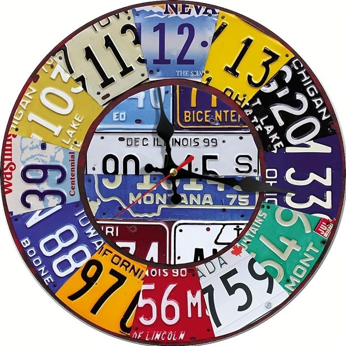 Horloge murale en bois de style vintage avec plaque d'immatriculation, mouvement à quartz silencieux, fonctionne sur piles, décorat