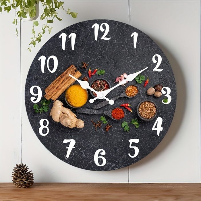 1 horloge murale circulaire en bois motif mélange d'ingrédients alimentaires, facile à lire, fonction