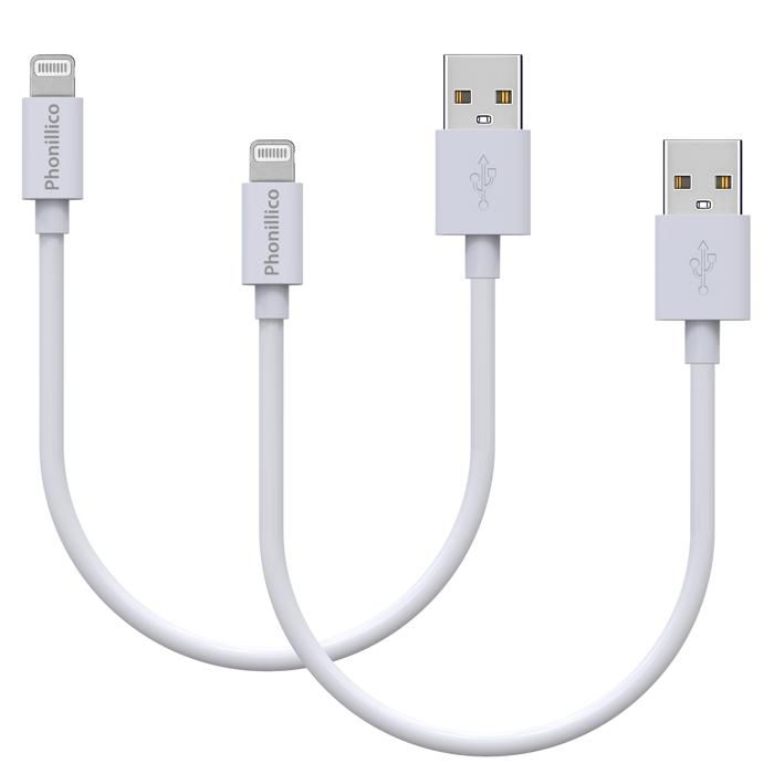 Lot 2 Kablar 20cm USB Lightning Laddare Vit för iPhone 12 / 12 MINI / 12 PRO / 12 PRO MAX / 11 / 11 PRO / 11 PRO MAX / SE Phonillico