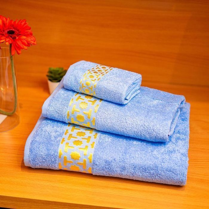 Serviettes de bain - Arabesque - Pack de 3 - Bleu ciel - Coton - Douceur et absorption