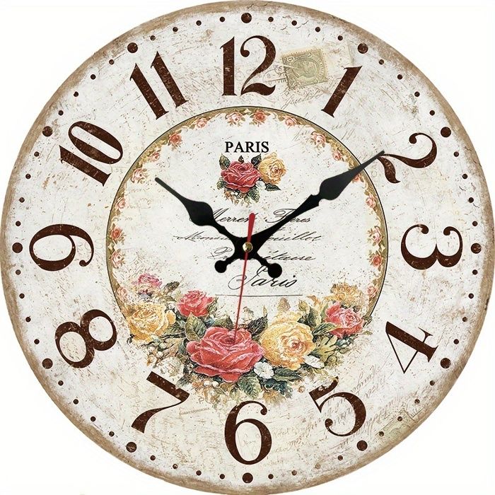 1 horloge murale vintage en bois floral - silencieuse, grands chiffres, style campagnard rond avec charme parisien, fonctionne sur
