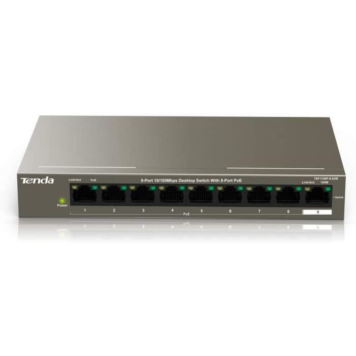 Commutateur - TENDA - TEF1109P-8-63W - 9 Ports - PoE+ 58W - 6KV Contre-Foudre