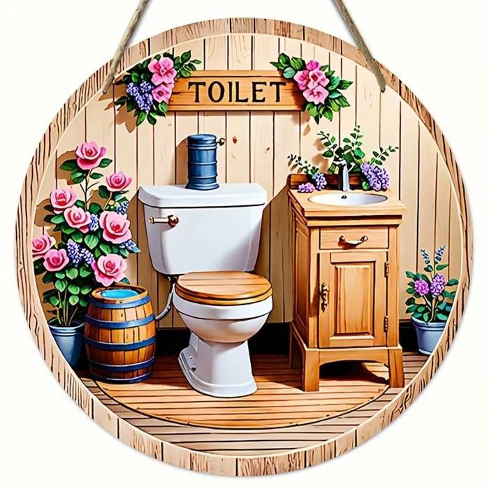 Plaque Ronde en Bois Vintage Imprimée "The Rustic Restroom" pour Décoration Murale, 1 Pièce - Convient aux Murs de Maison, Clubs et