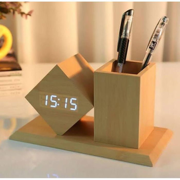 Réveil porte-stylo numérique led en bois