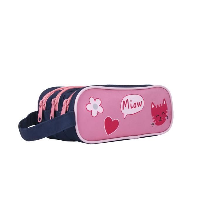 Trousse de rangement - AUCHAN - Motif Chat - 3 compartiments - Rose - Zippée