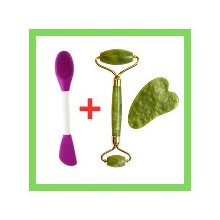 pack  jade roller facial naturel, + brosse double usage pour une peau éclatante