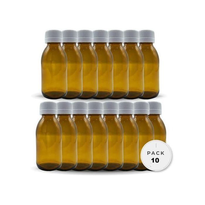 Flacons en verre ambré de 60 ml avec couvercles blancs Medicap ~ Lot de 10 ~