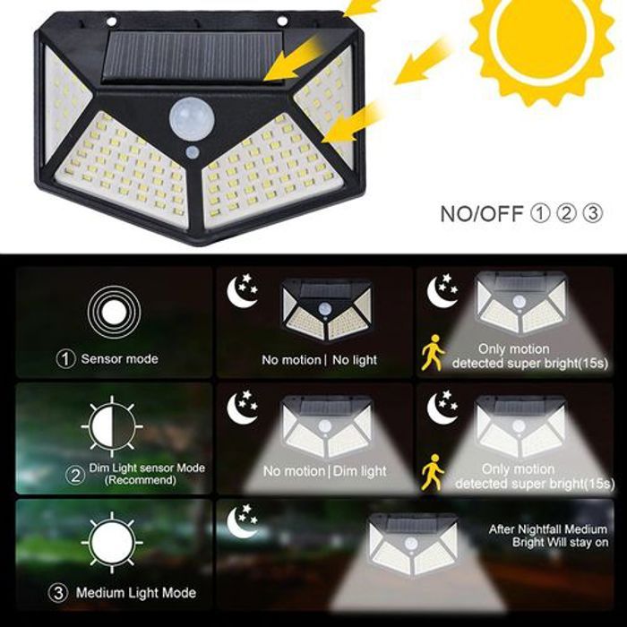 Lampe solaire LED - Non spécifié - 114 LEDs - Étanche - Détection de mouvement - 3 modes d'éclairage