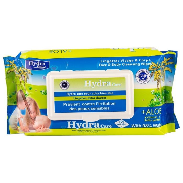 Hydra Care Lingettes Bebe Ultra-douce, Aloès Vera & Vitamine E, 98% Eau - 100pcs