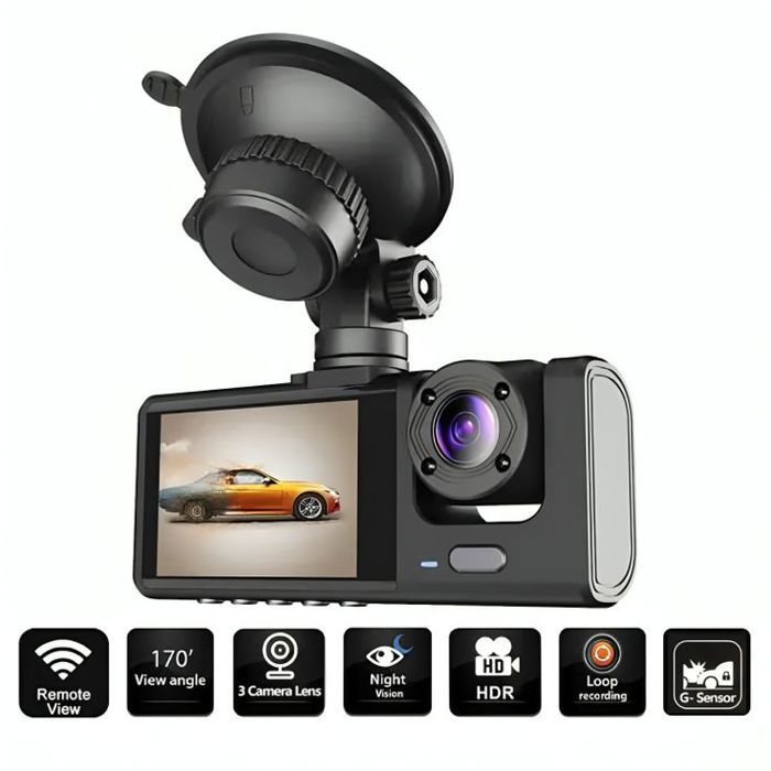 Caméra embarquée, enregistreur de trafic de bord 3 voies Super HD 1296p avec application mobile et Wi-Fi