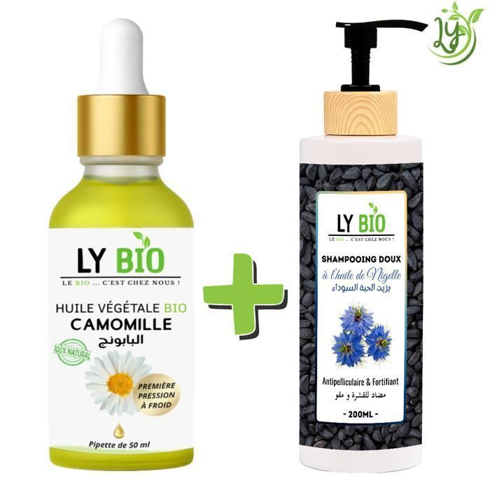LYBIO PACK HUILE CAMOMILLE 50ML - PIPETTE + SHAMPOOING A L'HUILE DE NIGELLE 200ML - ANTIPELLICULAIRE & FORTIFIANT