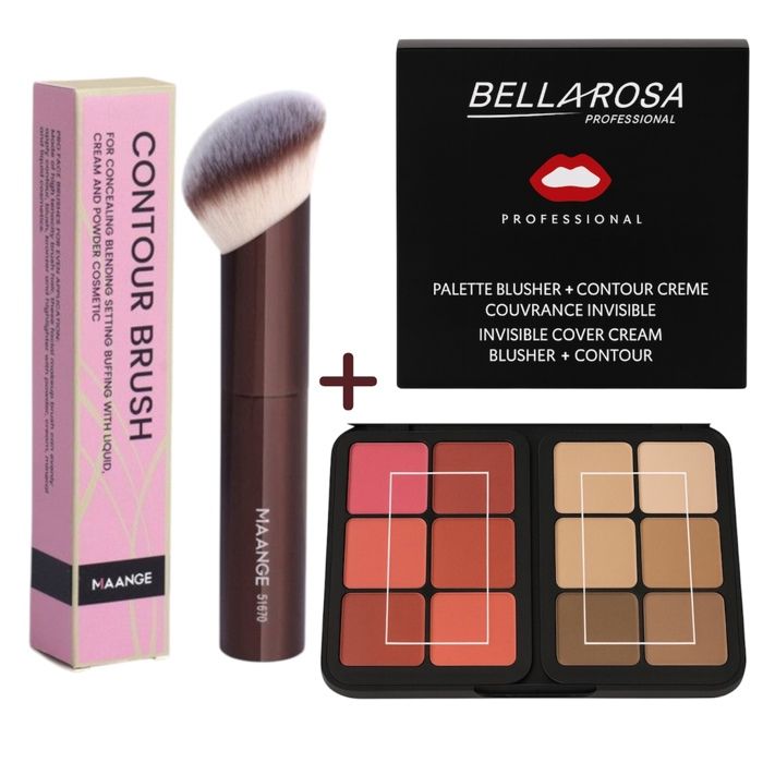 Set Palette Bellarosa blush & contour 12 color + Pinceau MAANGE , maquillage pro pour sculpter et illuminer le visage au quotidien
