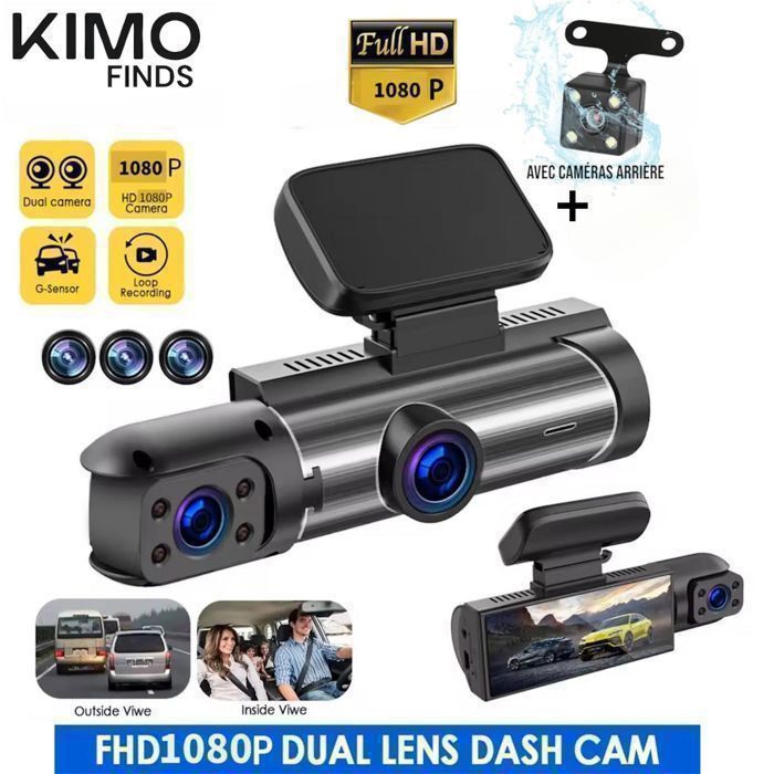 Caméra de voiture Triple cam avec Vision nocturne IR 2 Canaux - Enregistreur 1080P Capteur HD Avant/Arrière + Mode Stationnement