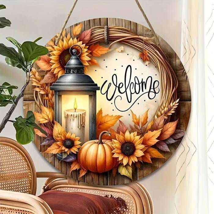 Plaque de Bienvenue Nain de Jardin Rustique en Bois Artificiel Plat 2D, 1 pièce - Décoration Murale Ronde 20.32x20.32 cm avec Motif
