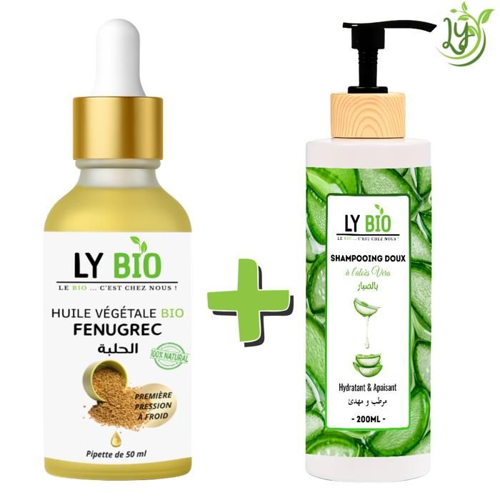 Pack de soins capillaires - LYBIO - Huile de fenugrec 50ml - Shampooing aloe vera 200ml - Hydratant & apaisant