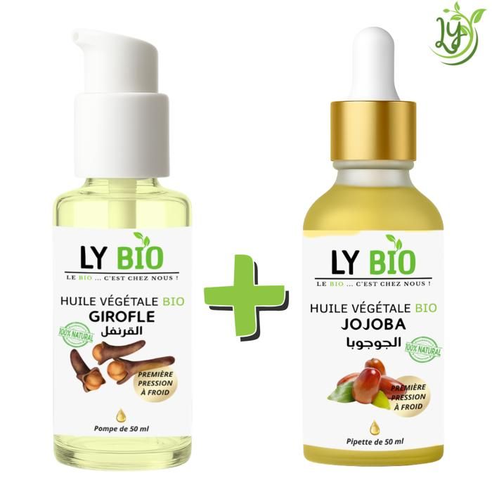 Pack d'huiles naturelles - LYBIO - Huile Girofle 50ml - Pompe - Huile Jojoba 50ml - Pipette