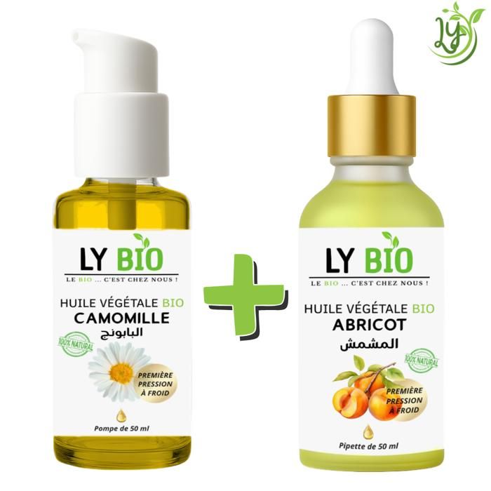 Pack de soins - LYBIO - HUILE CAMOMILLE 50ML - POMPE - HUILE ABRICOT 50ML - PIPETTE