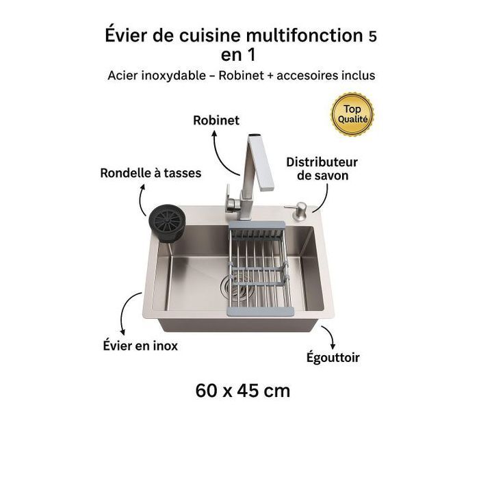 Évier de cuisine - GENERIC - 5 en 1 - Inox - 60x45cm - Installation facile