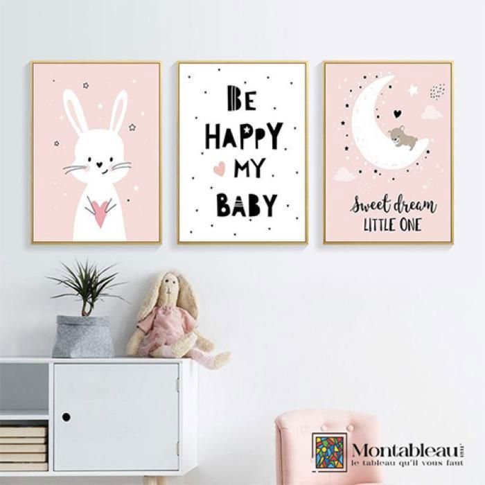 Tableau décoratif - Lapin lune - 60x40cm - Toile - 3 pièces - Rose