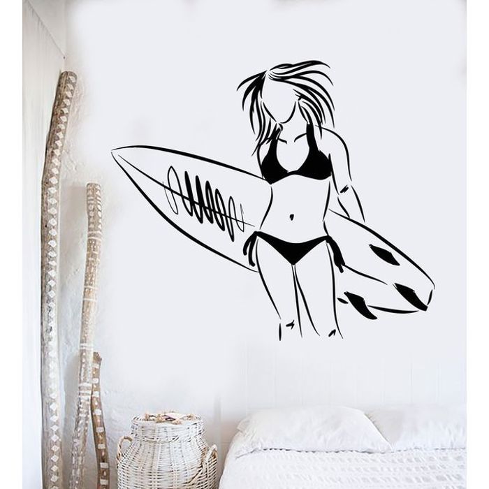 Sticker mural - Summer - Surfing girl - Noir - Décoration moderne - Auto-adhésif