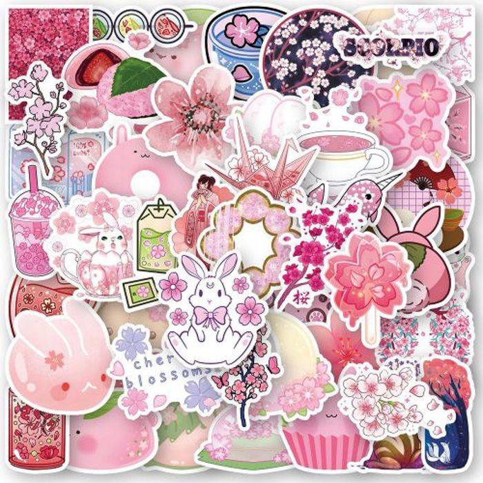 Stickers 50Pcs Cute Sakura Cartoon Stickers Aesthetic Decals DIY Scrapbooking Gu