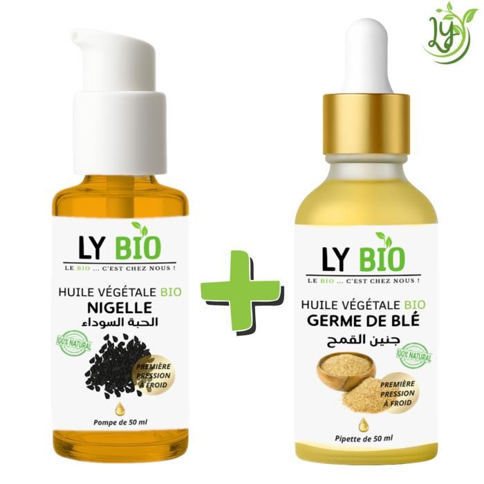 Pack Huile - LYBIO - Huile Nigelle 50ml - Pompe - Huile Germe de Blé 50ml - Pipette