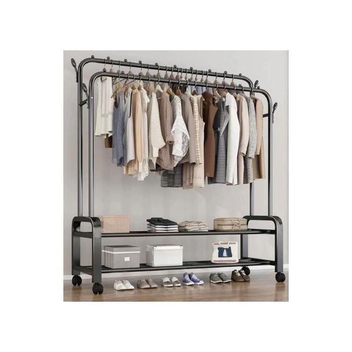 Porte manteau à double tringles 2 étagères de chaussures 4 Roues support 85kg