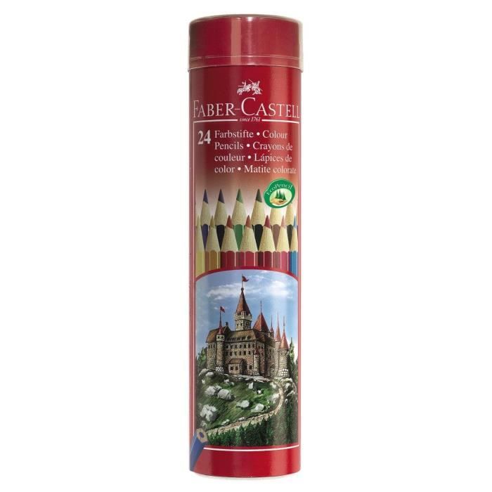 Crayon de couleur - FABER-CASTELL - 24 Crayons couleur Castle - Mine résistante - Tube métal - Écologique