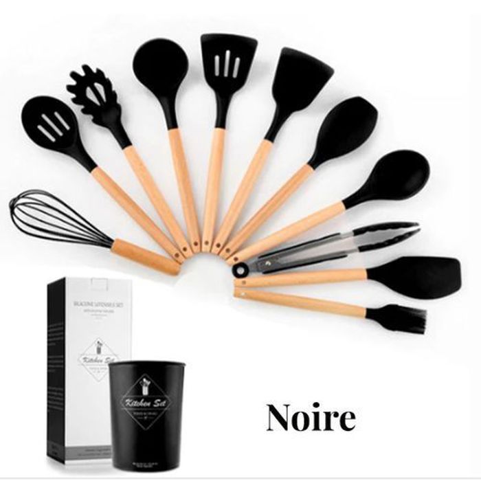 Lot 12 ustensiles de cuisine  en silicone avec poignées en bois, et Porte-Louche