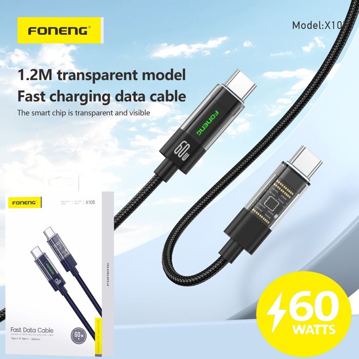CÂBLE Type C TRESSÉ À TÊTE TRANSPARENTE 1,2M (60W / PD27W) Chargeur USB Charge Rapide Cordon Transfert Donnée Pour MOBILE Smartphone